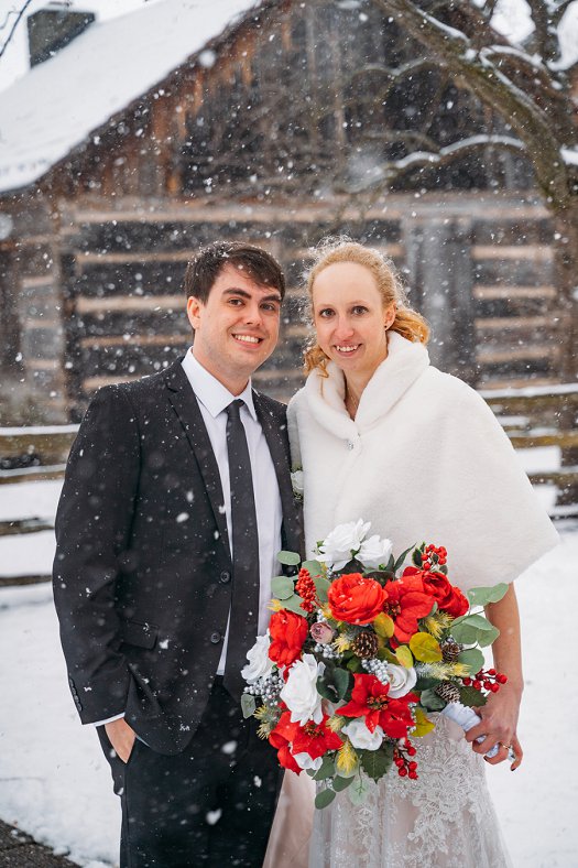 bride and groom snow portrait